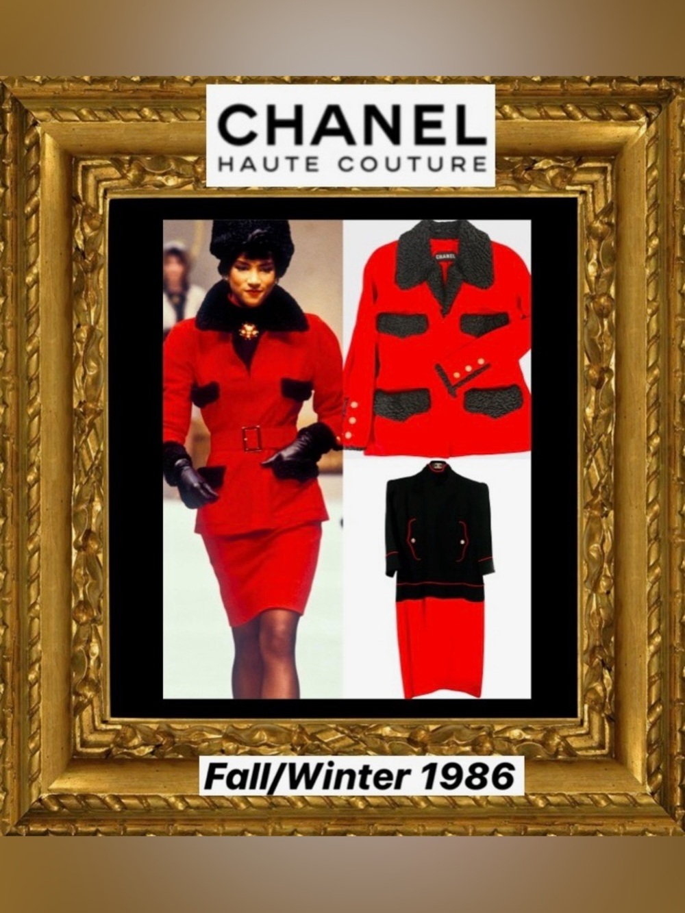 CHANEL 2 HAUTE COUTURE Piece Red & Black Dress with Jacket Suit Ensemble FW 1986